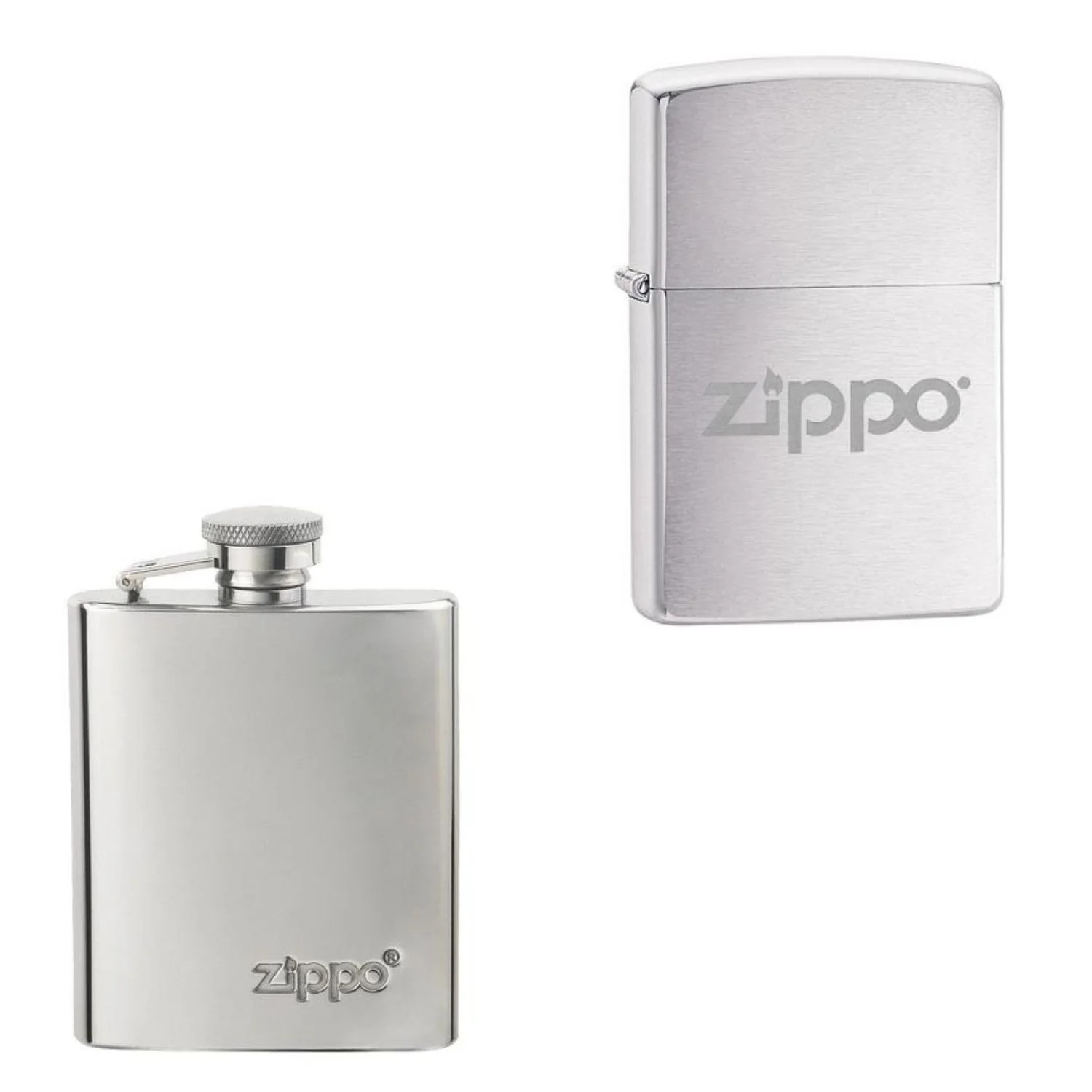 Zippo Lighter and Hip Flask Gift Set - Brushed Chrome - Add Personalisation
